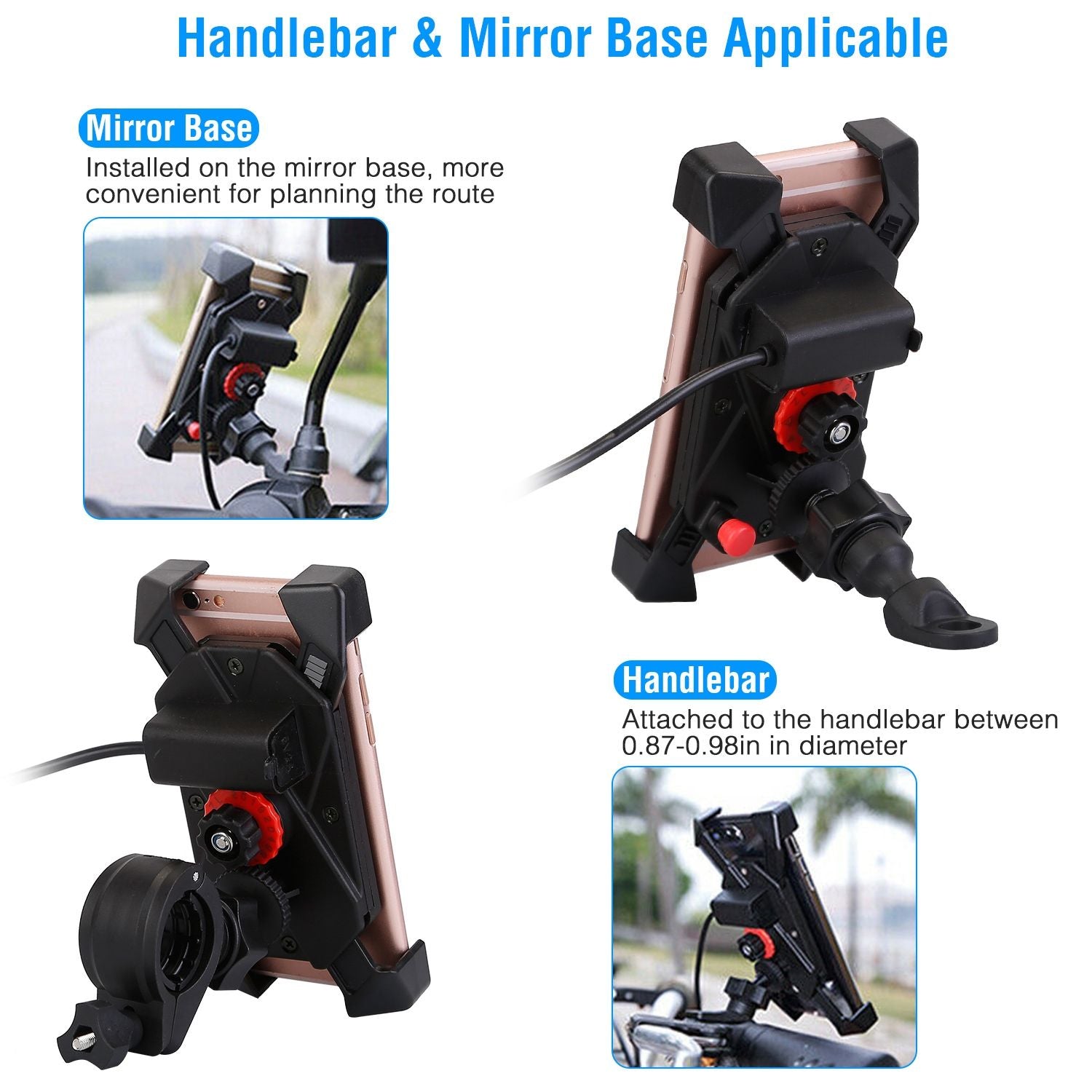 Bicycle phone mount designed for versatility, featuring a secure grip for handlebars or mirror bases, accommodating various smartphone sizes, making navigation easy while cycling.