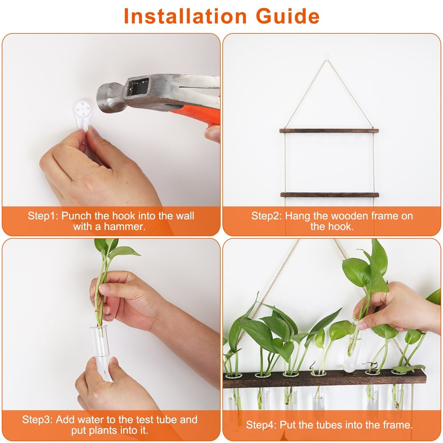 Step-by-step installation guide for a wall-mounted plant holder featuring a wooden frame and test tubes for displaying plants, including hammering hooks into the wall, hanging the frame, adding water, and inserting plants.