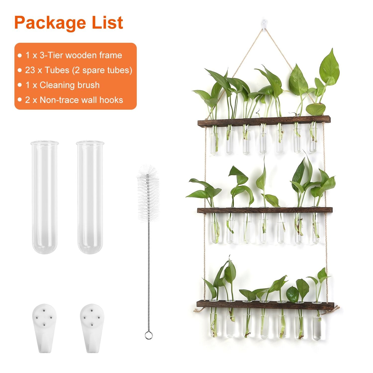 3-tier wooden plant holder with 23 test tubes, a cleaning brush, and non-trace wall hooks, displaying vibrant green Pothos plants.