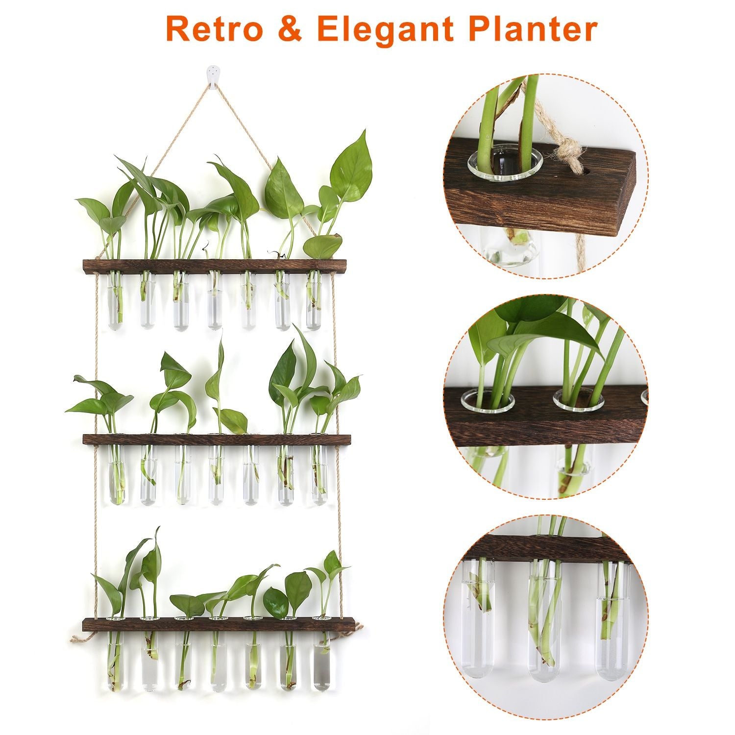 Elegant hanging planter with multiple test tubes for plants, showcasing pothos greenery in a stylish wooden frame, perfect for home decor.