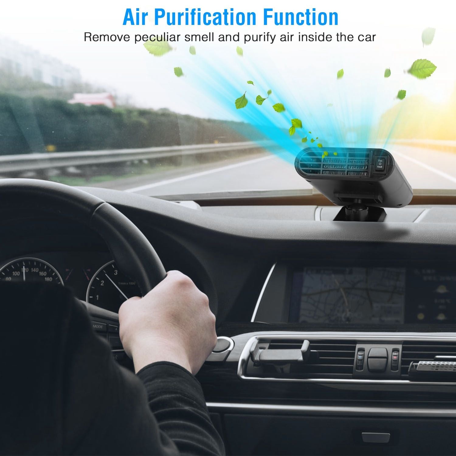 Car air purifier in use, illustrating air purification function with blue airflow and green leaves, enhancing air quality inside the vehicle while driving on a highway.