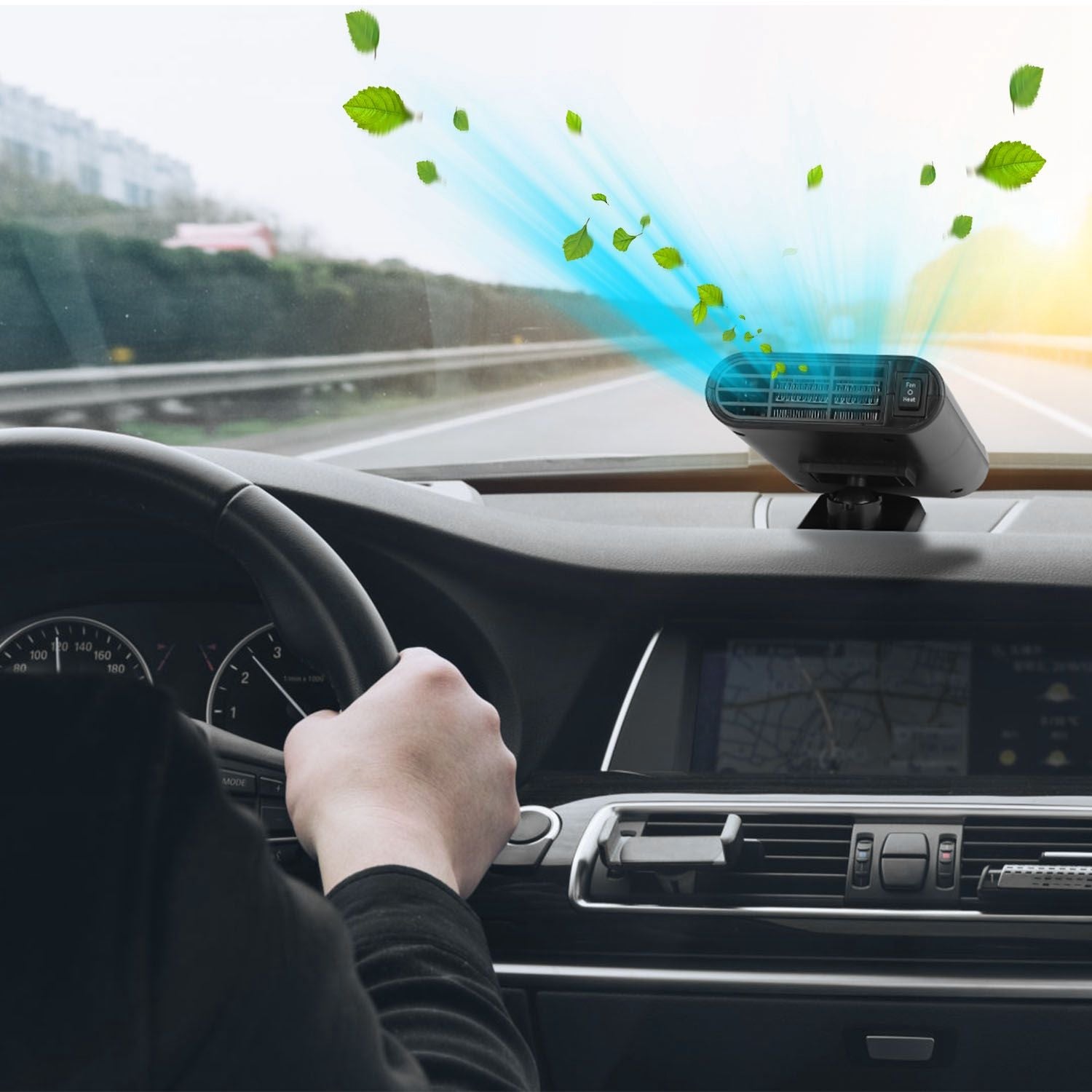 In-car air purifier emitting fresh leaves and blue airflow while a driver steers on a highway, highlighting clean air technology and enhanced driving experience.
