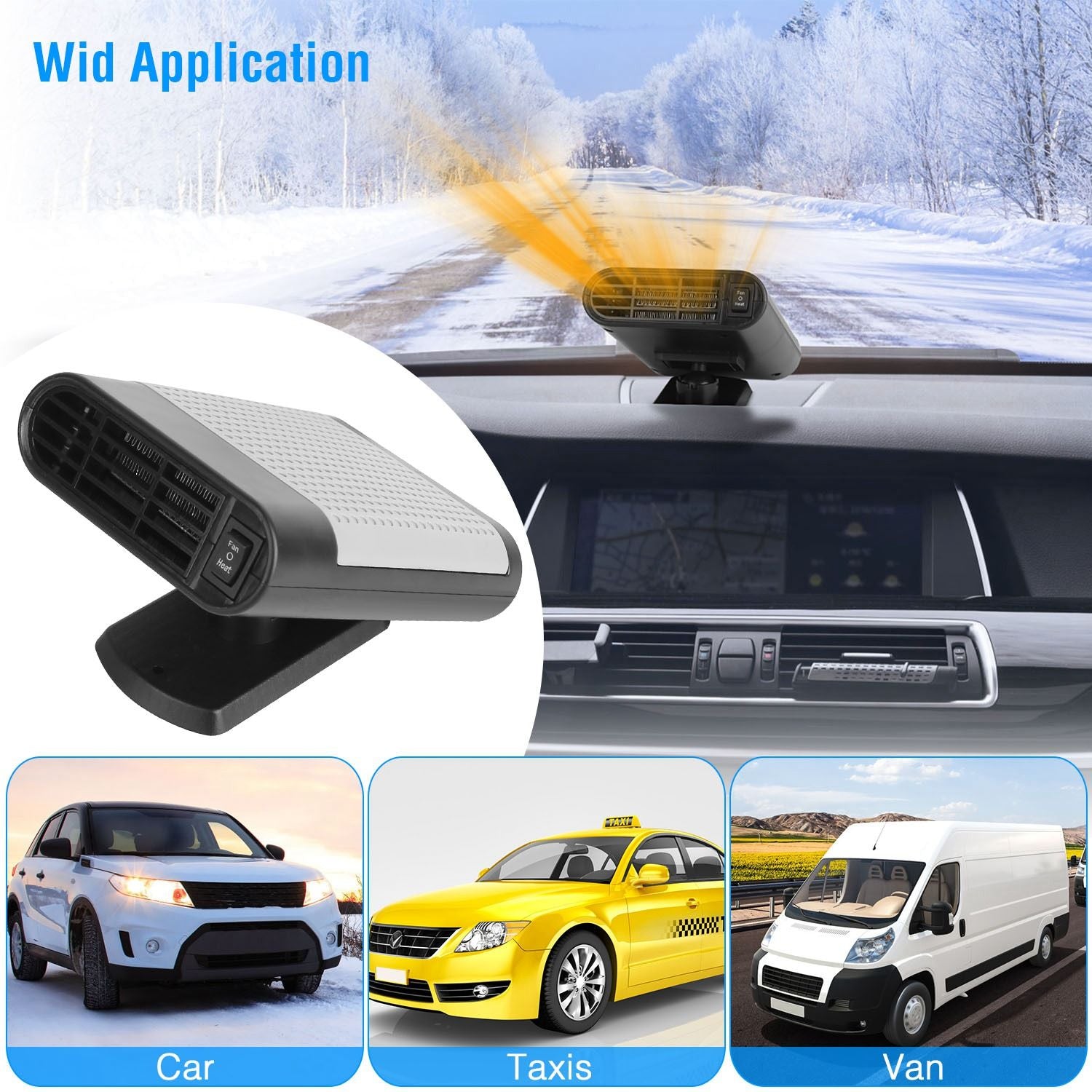Car dashboard-mounted heater and defroster, designed for winter use, showcasing applications for cars, taxis, and vans with a snowy landscape in the background.