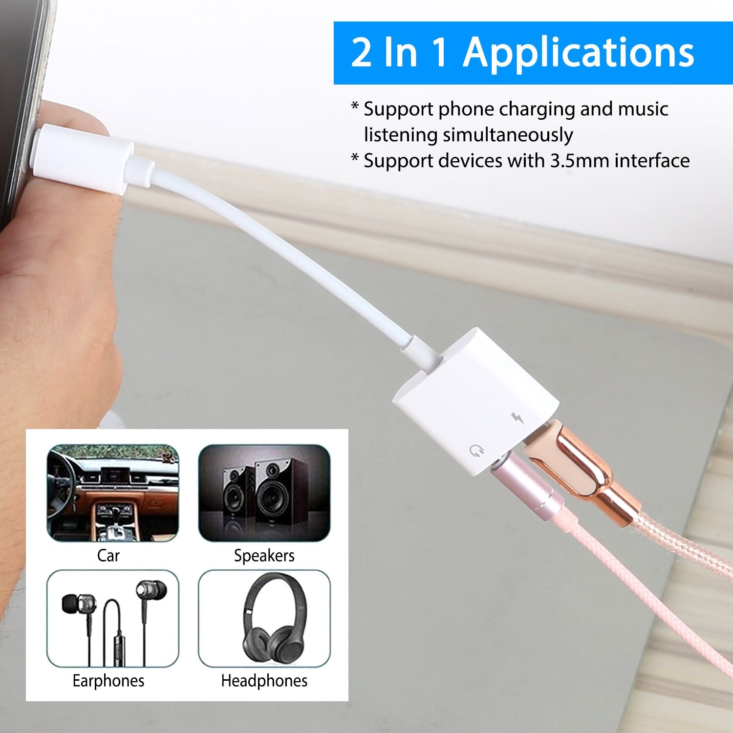 2-in-1 headphone and charging adapter connecting to a smartphone, with icons illustrating compatibility with cars, speakers, earphones, and headphones, showcasing its multifunctional use.