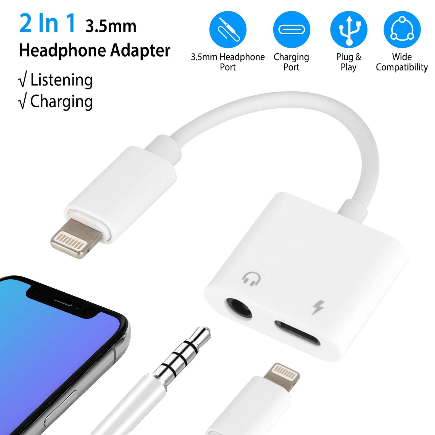 2-in-1 Lightning to 3.5mm headphone adapter for listening and charging, featuring a compact design and wide compatibility with smartphones.