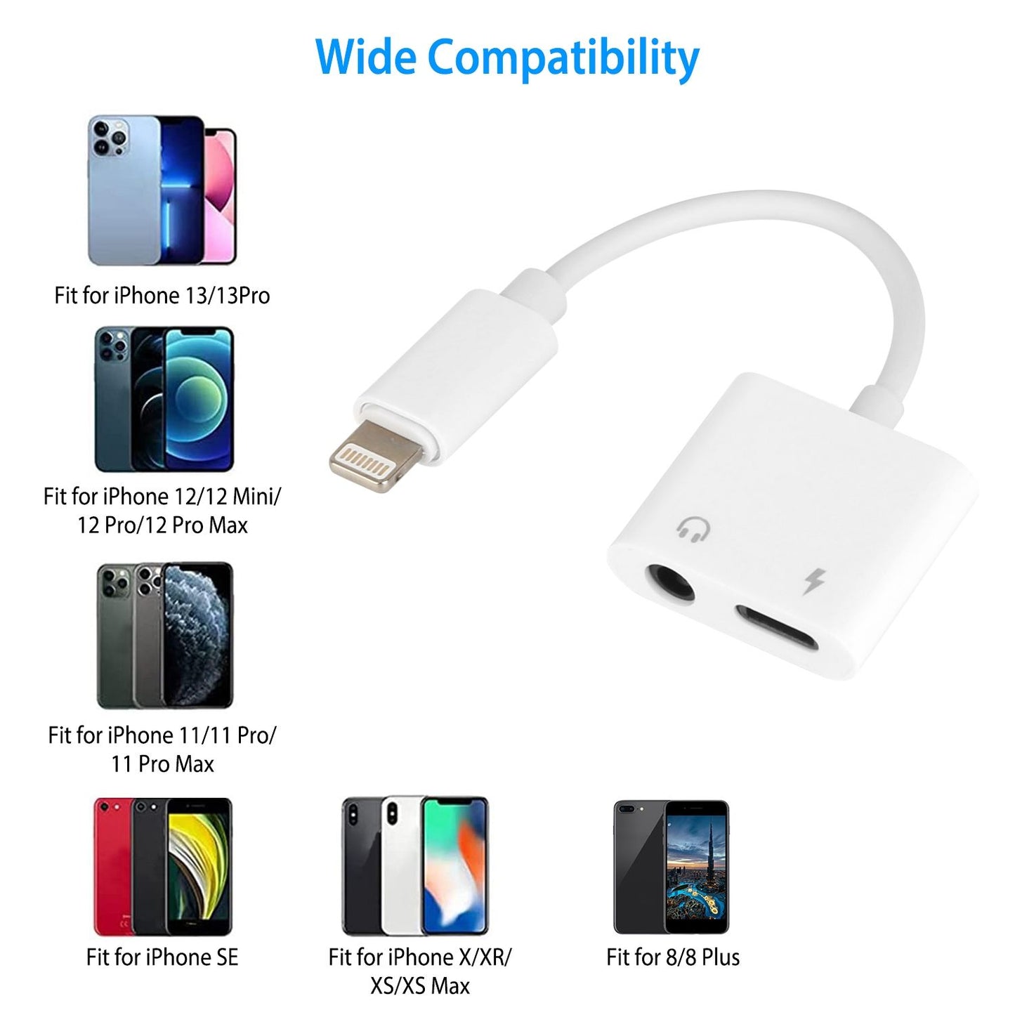 Lightning to 3.5mm headphone jack adapter with dual audio output, compatible with iPhone models including 13, 12, 11, SE, X, and 8.