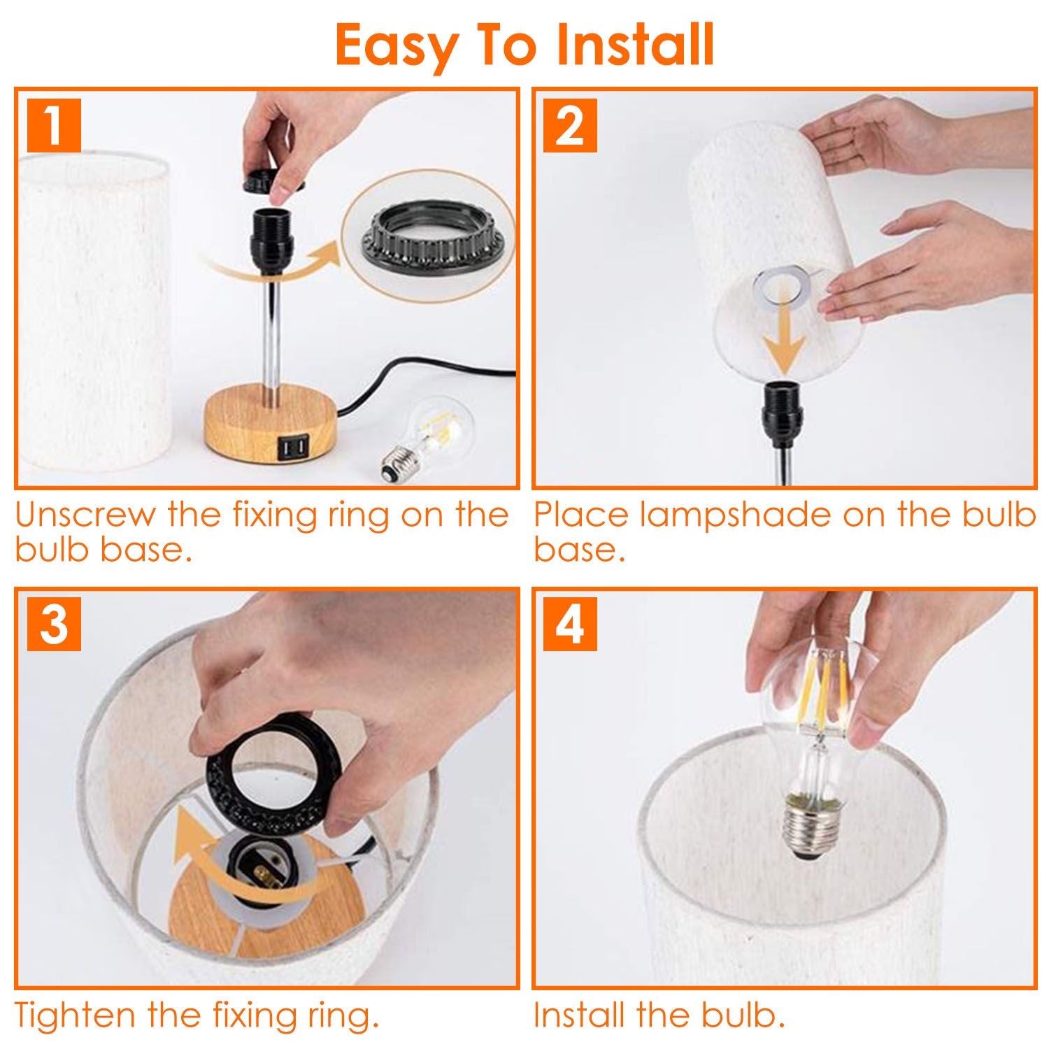 Step-by-step guide for installing a lamp with a wooden base and a fabric lampshade, showing unscrewing the ring, placing the shade, tightening the ring, and installing the bulb.
