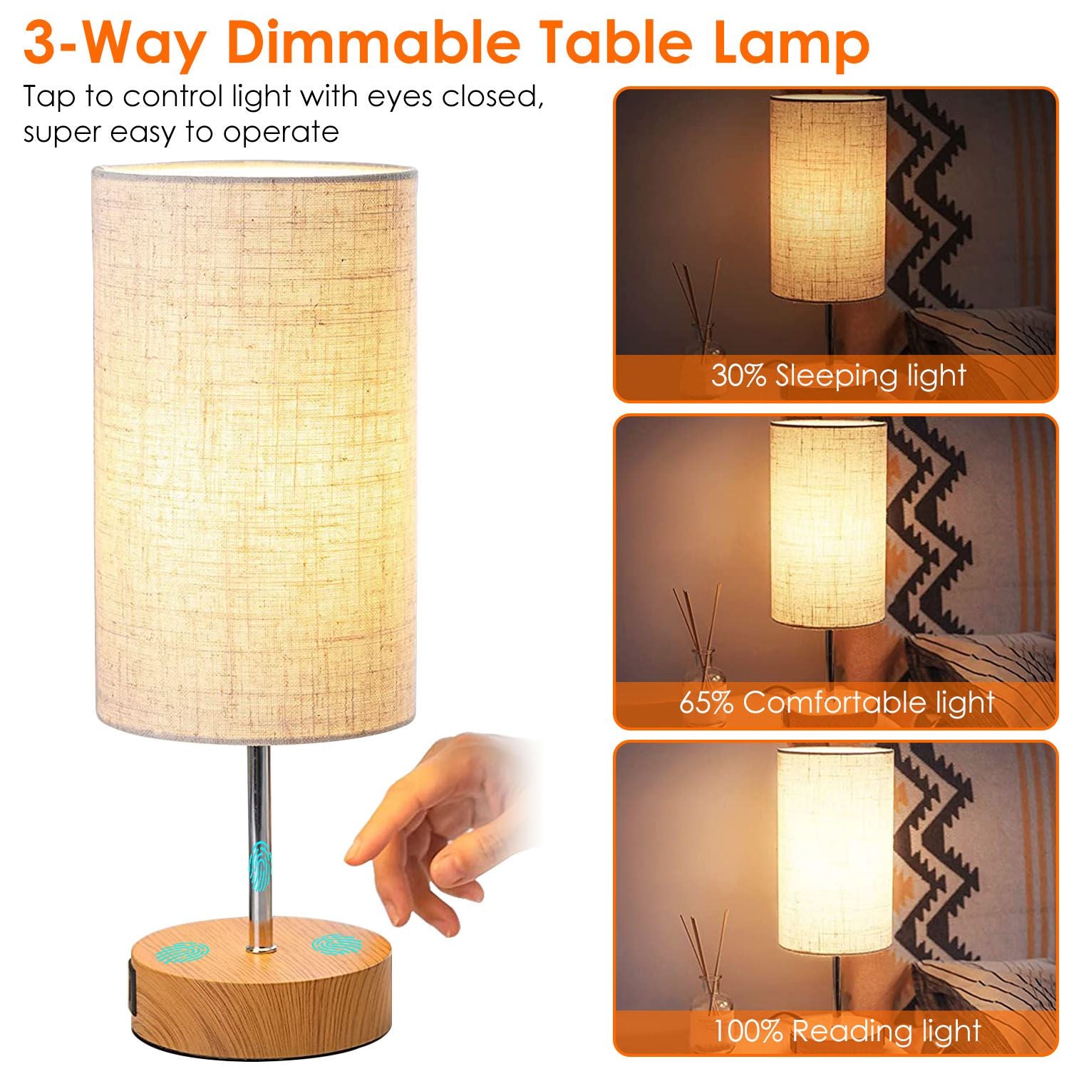 3-way dimmable table lamp with a fabric shade and wooden base, showcasing touch controls for adjustable brightness levels: 30% for sleeping, 65% for comfort, and 100% for reading.