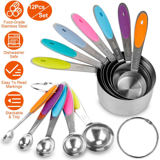 Colorful stainless steel measuring cups and spoons set with easy-to-read markings, stackable design, and a ring for organization, perfect for accurate cooking and baking.