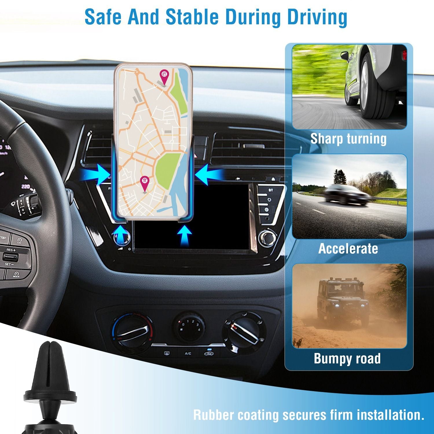 Car dashboard view featuring a smartphone GPS holder, highlighting stability during sharp turns, acceleration, and bumpy roads with durable rubber coating for secure installation.