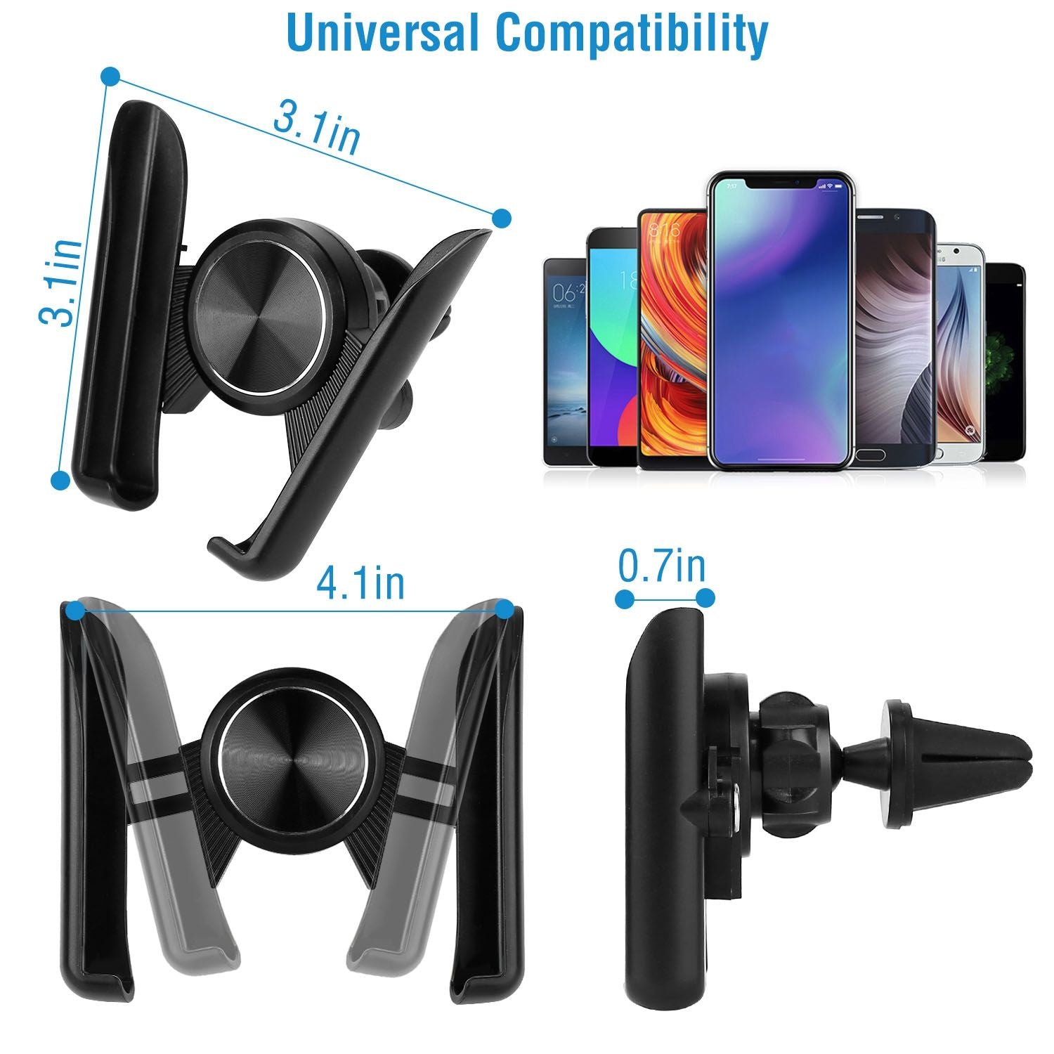 Universal phone holder featuring adjustable dimensions of 3.1x4.1x0.7 inches, compatible with various smartphone models for secure and convenient in-car use.
