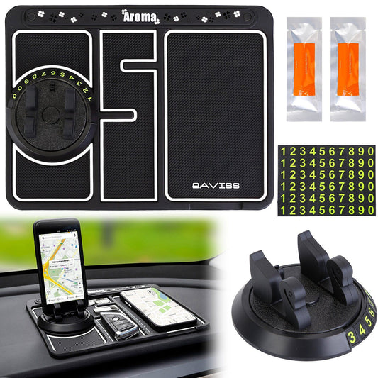 Car phone holder and dashboard mat organizer featuring a smartphone holder, anti-slip design, numbered stickers, and aromatherapy sachets for a clutter-free driving experience.