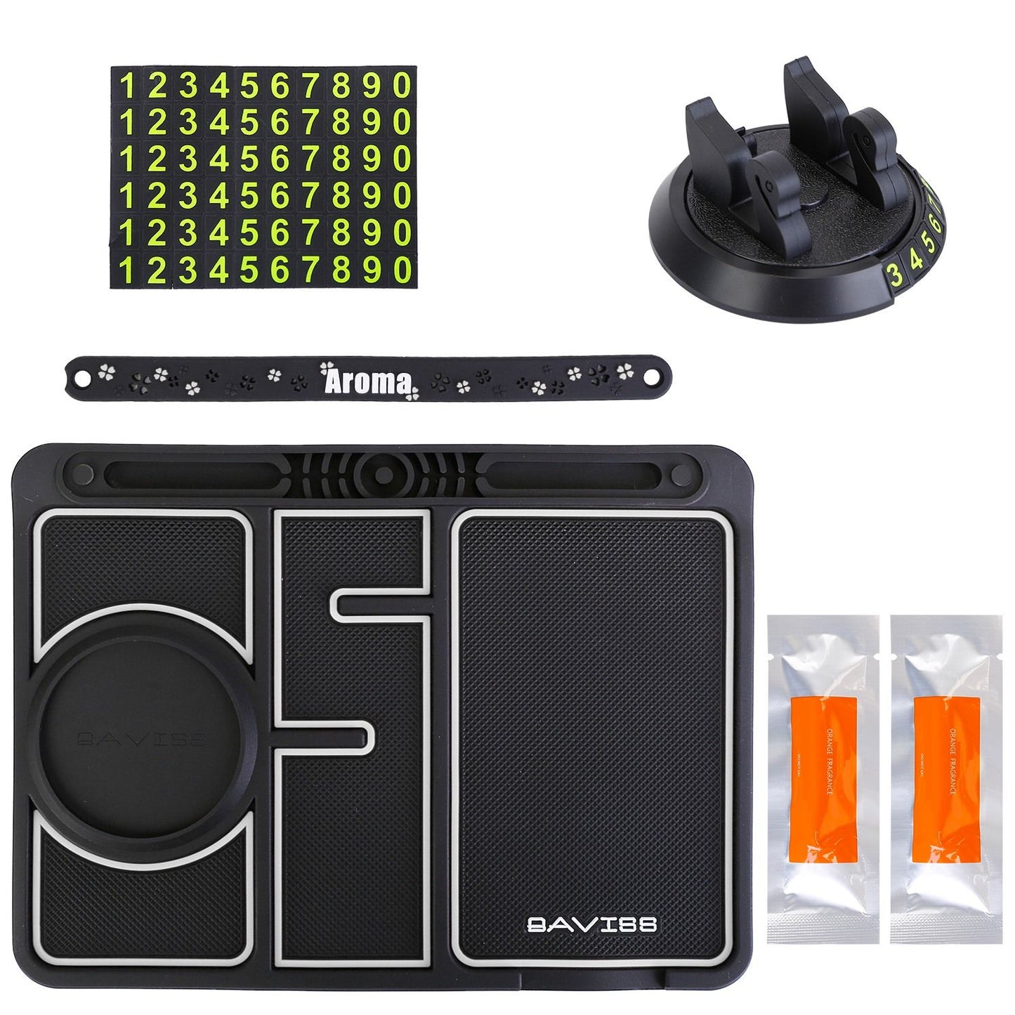 Black silicone gun cleaning mat with organized sections, numbered identification labels, a grip handle, and two cleaning wipes, suitable for maintaining firearms.