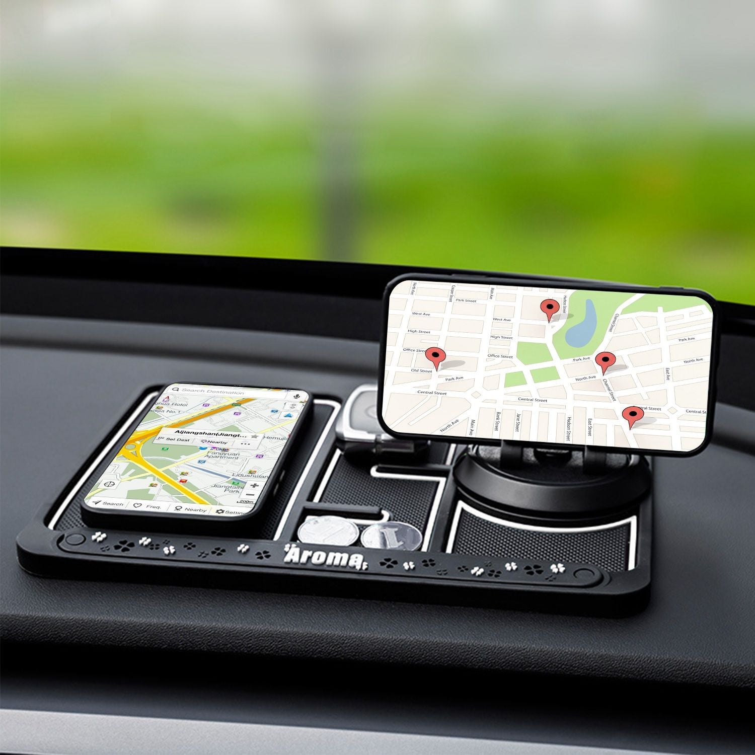 Car dashboard organizer with smartphone mount displaying GPS navigation and map locations, featuring a second phone with a map on the left side.