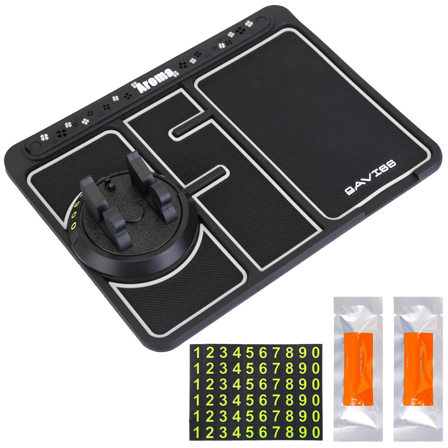 Black gaming mouse pad with numeric keypad, featuring a textured surface for enhanced grip and two adhesive strips for secure placement, includes a set of number stickers.