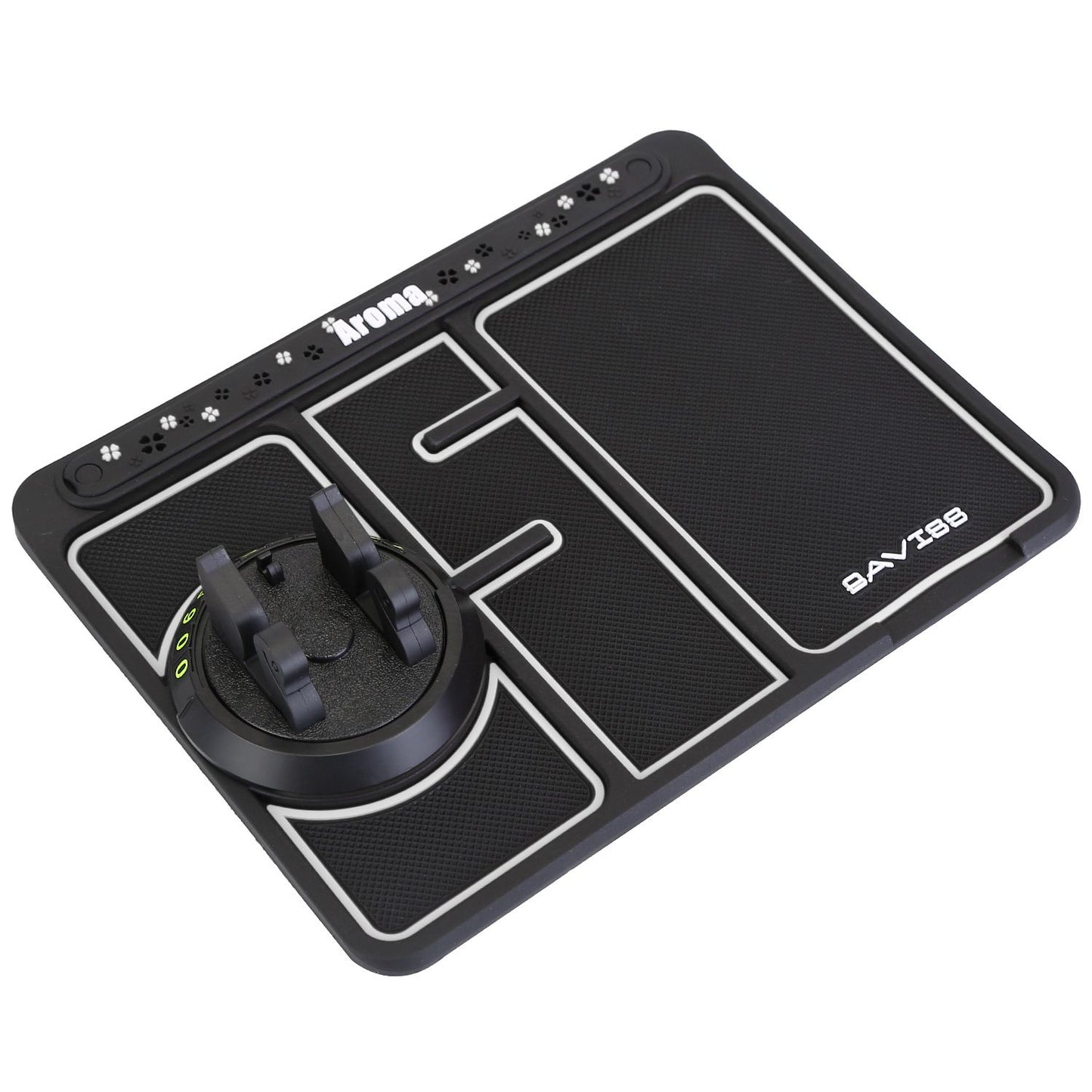 Black anti-slip gaming mouse pad with adjustable RGB lighting and charging dock for wireless devices.
