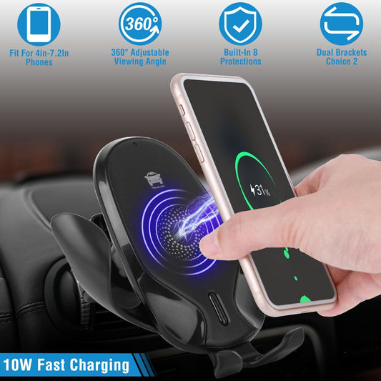Wireless car charger mount with 10W fast charging, adjustable 360° viewing angle, compatible with 4-7.2 inch smartphones, featuring built-in protection for safe charging.