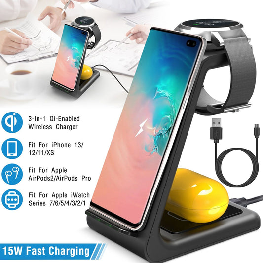 3-in-1 Qi-enabled wireless charger designed for fast charging, featuring an iPhone 13 display, AirPods case, and Apple Watch on a sleek black stand, ideal for home or office use.