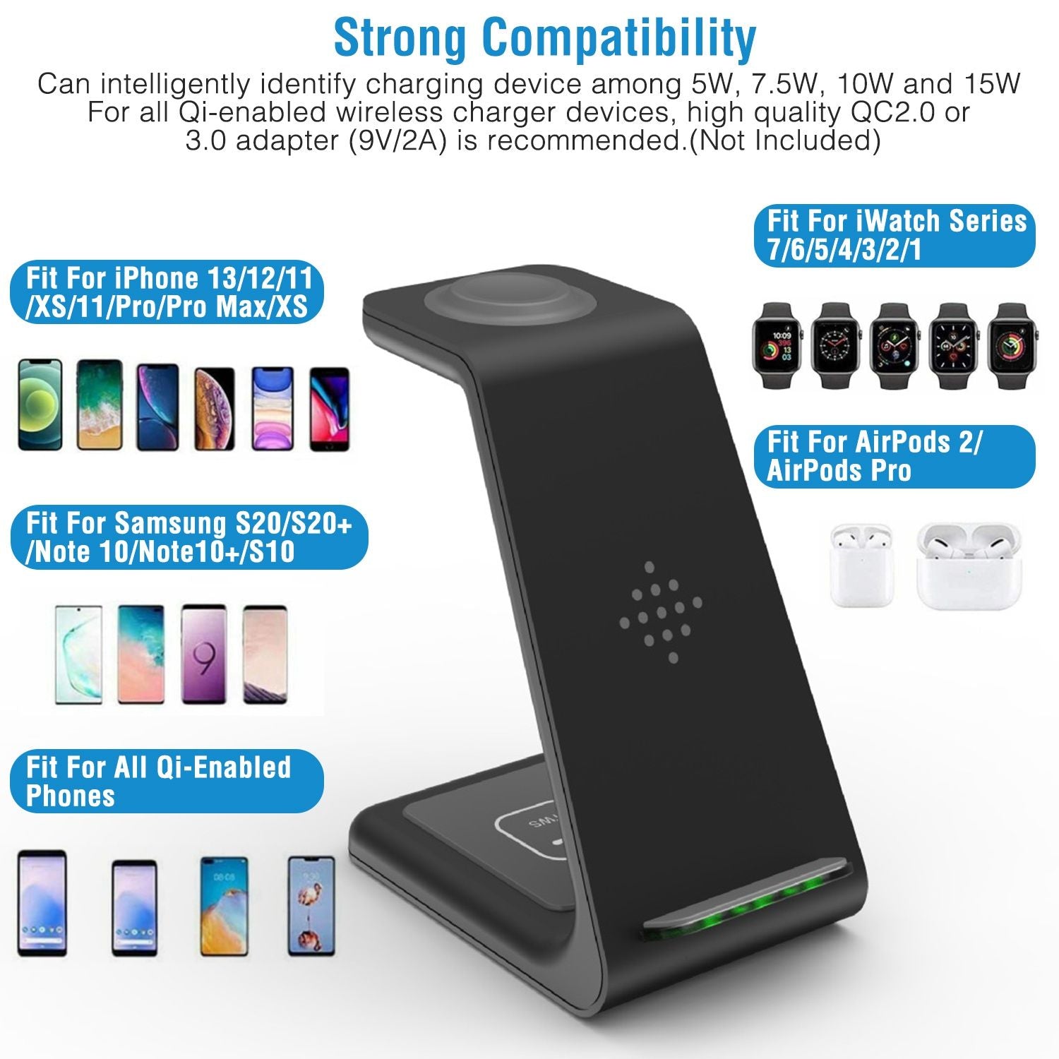 Wireless charging stand compatible with iPhone, Samsung Galaxy, Apple Watch, and AirPods, featuring multiple power output options for efficient charging.