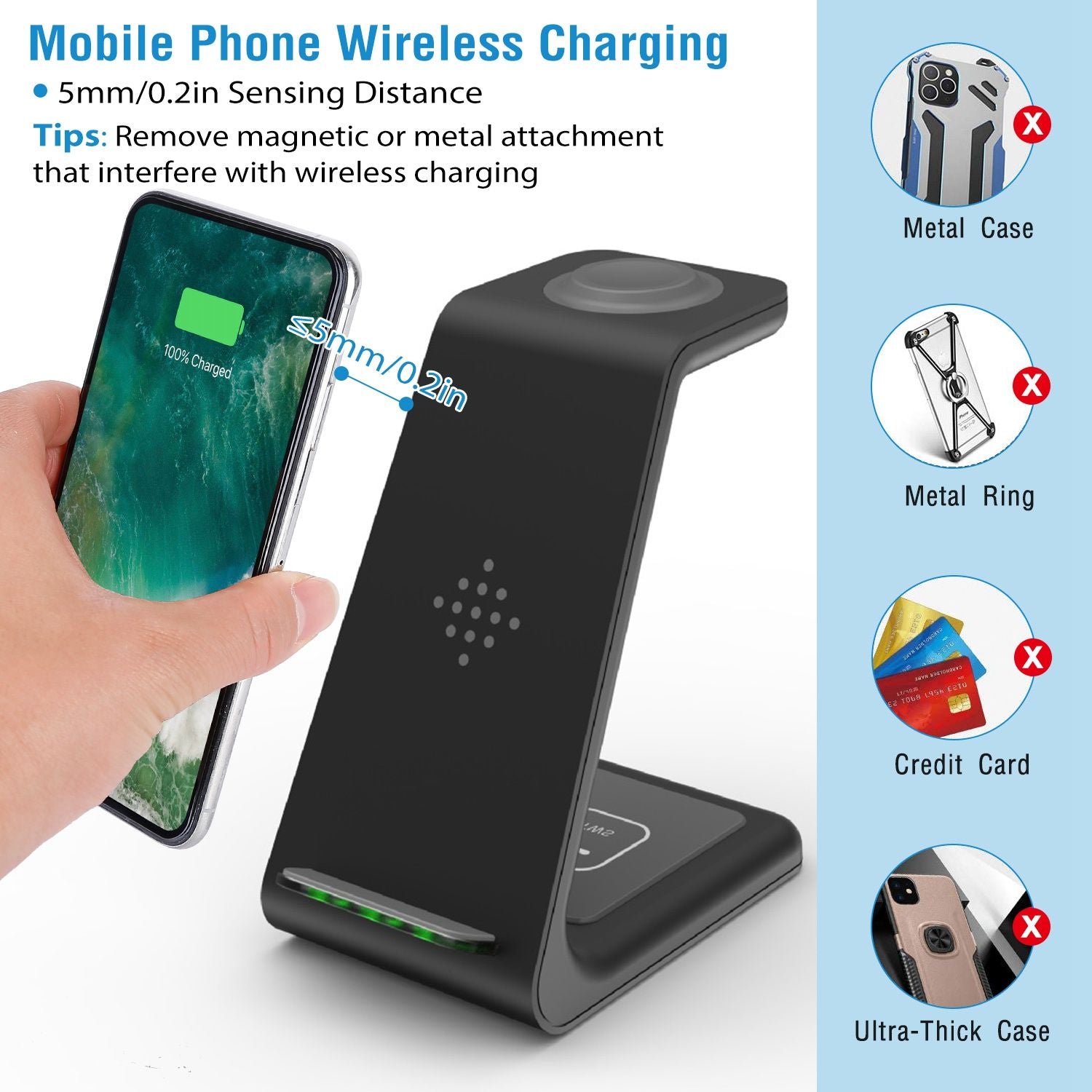 Mobile phone wireless charger with a hand placing a smartphone on it, showcasing charging status, and tips for optimal use, including a 5mm sensing distance and recommendations to remove metal cases and cards.