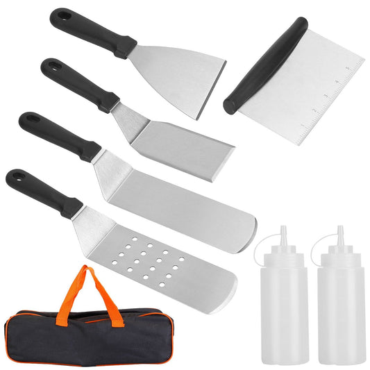 High-quality stainless steel cooking utensil set, featuring five spatulas with black ergonomic handles, a versatile scraper, and two squeeze bottles, all stored in a durable black carrying case with orange accents.