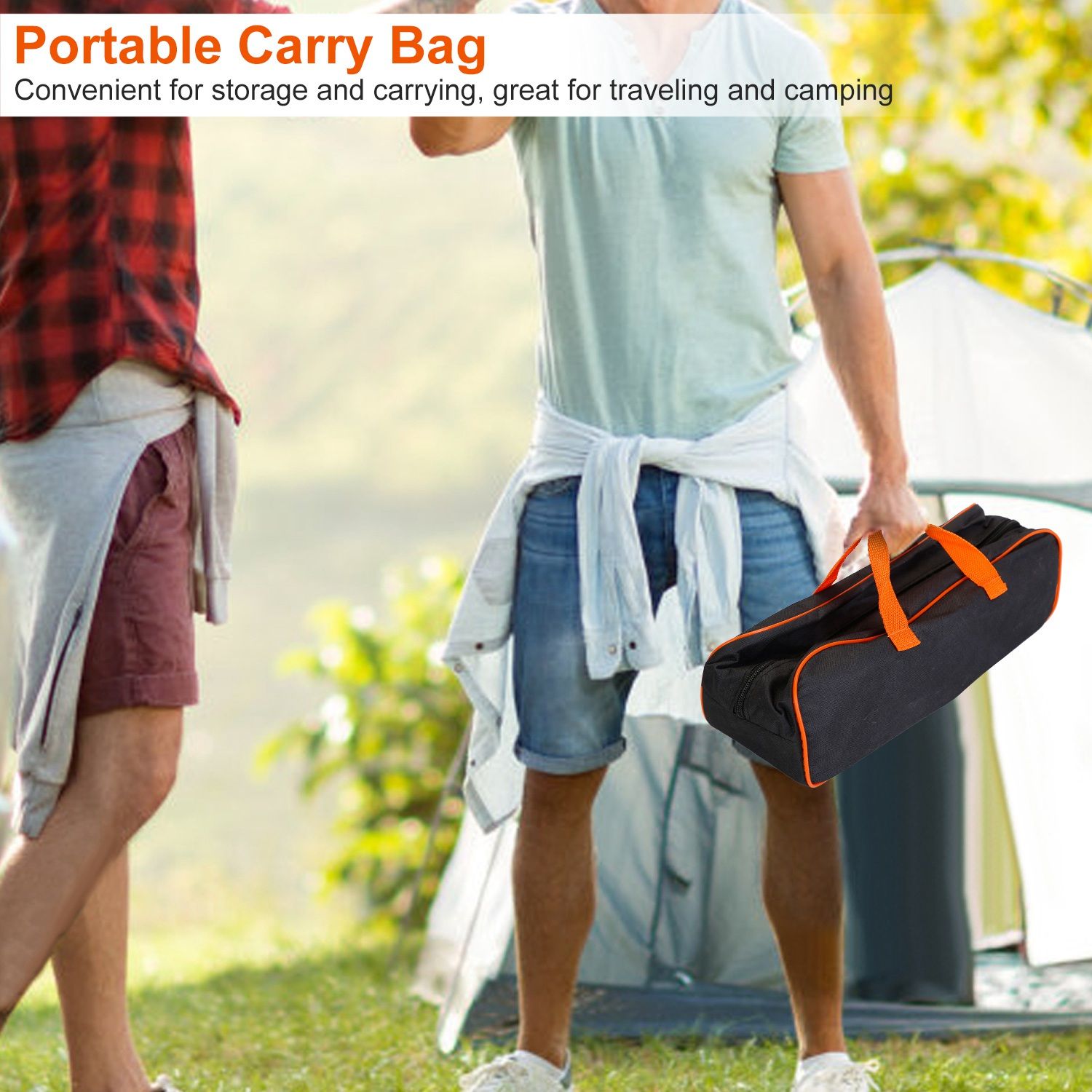 Portable carry bag in use outdoors, ideal for travel and camping, featuring a sturdy design with bright orange straps, perfect for convenient storage and transport.