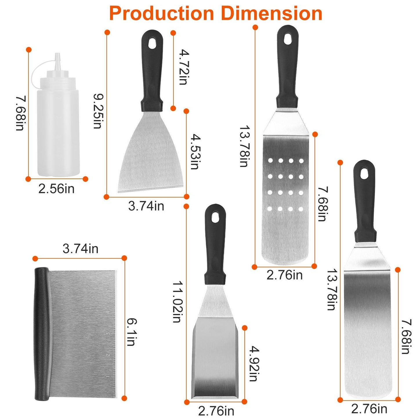 Set of stainless steel kitchen tools with black handles, including a liquid squeeze bottle, spatulas, a scraper, and dimensions labeled for easy reference.