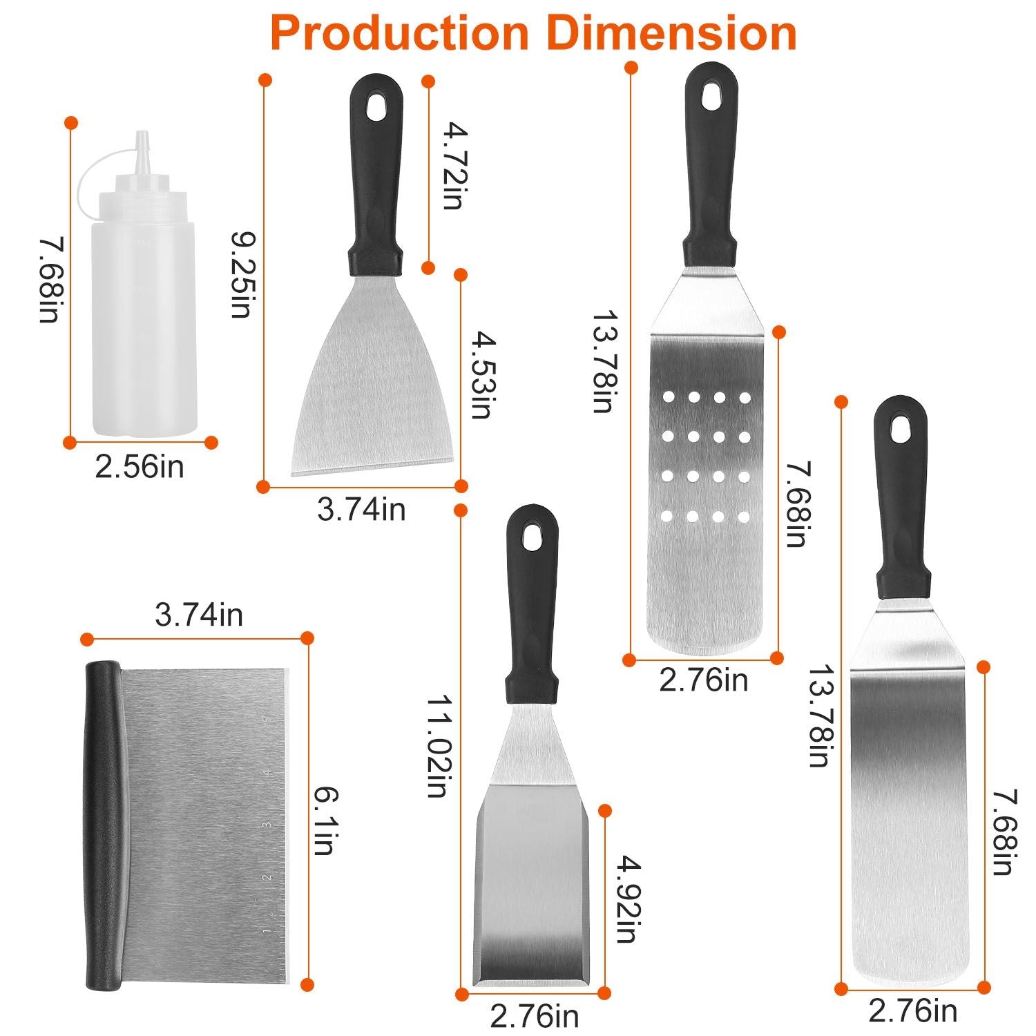 Set of stainless steel kitchen tools with black handles, including a liquid squeeze bottle, spatulas, a scraper, and dimensions labeled for easy reference.