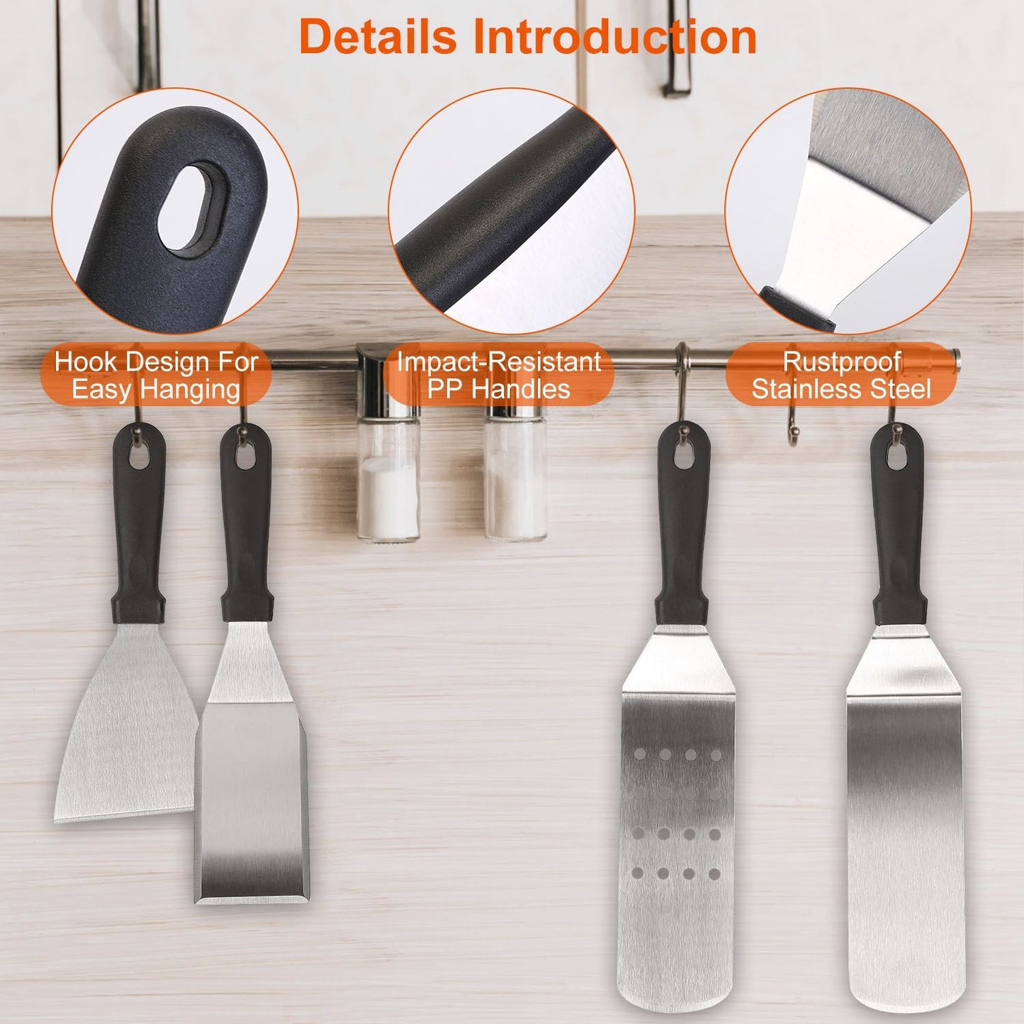 High-quality cooking spatula set featuring rustproof stainless steel blades and impact-resistant PP handles, designed for easy hanging and convenient storage.