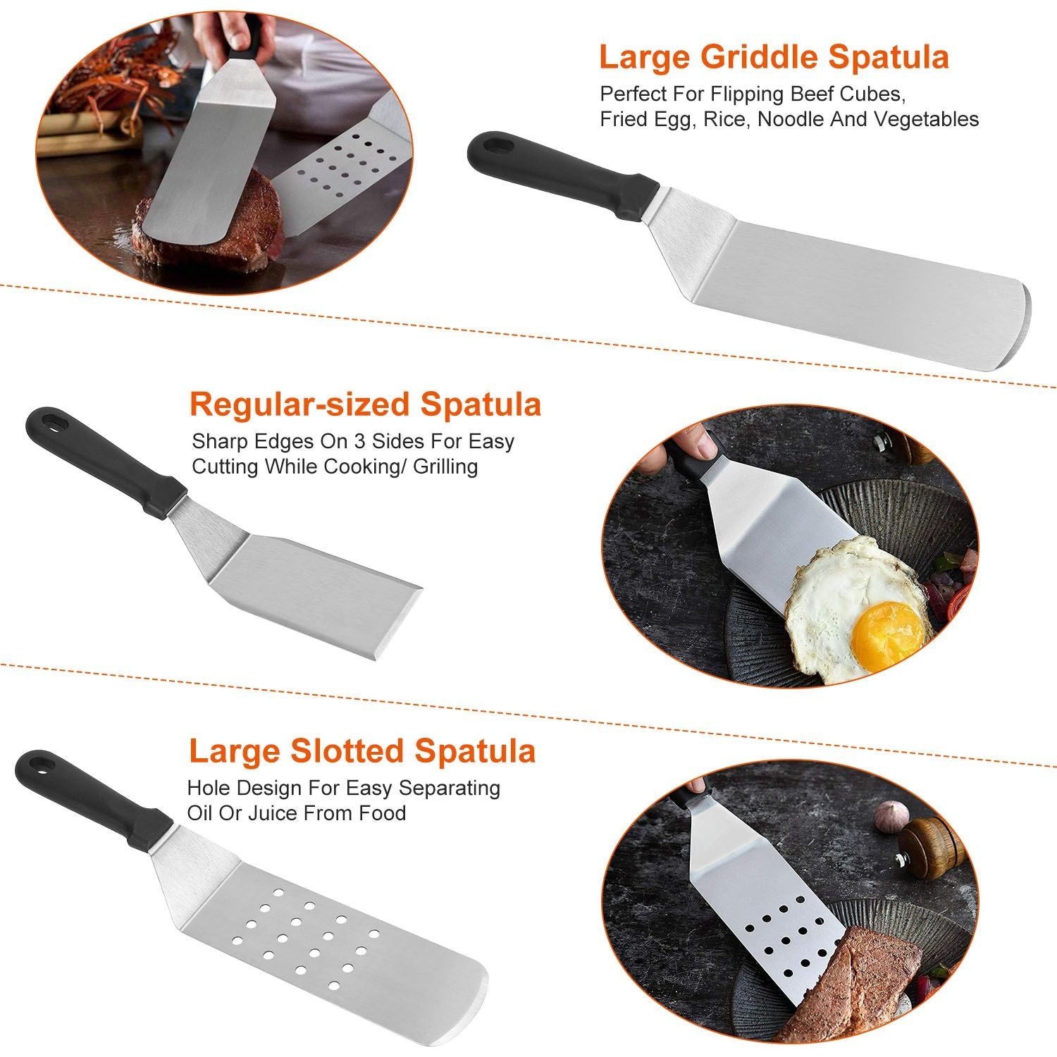 Set of three stainless steel spatulas including a large griddle spatula, regular-sized spatula with sharp edges, and a large slotted spatula with holes for draining, designed for versatile cooking, grilling, and flipping.