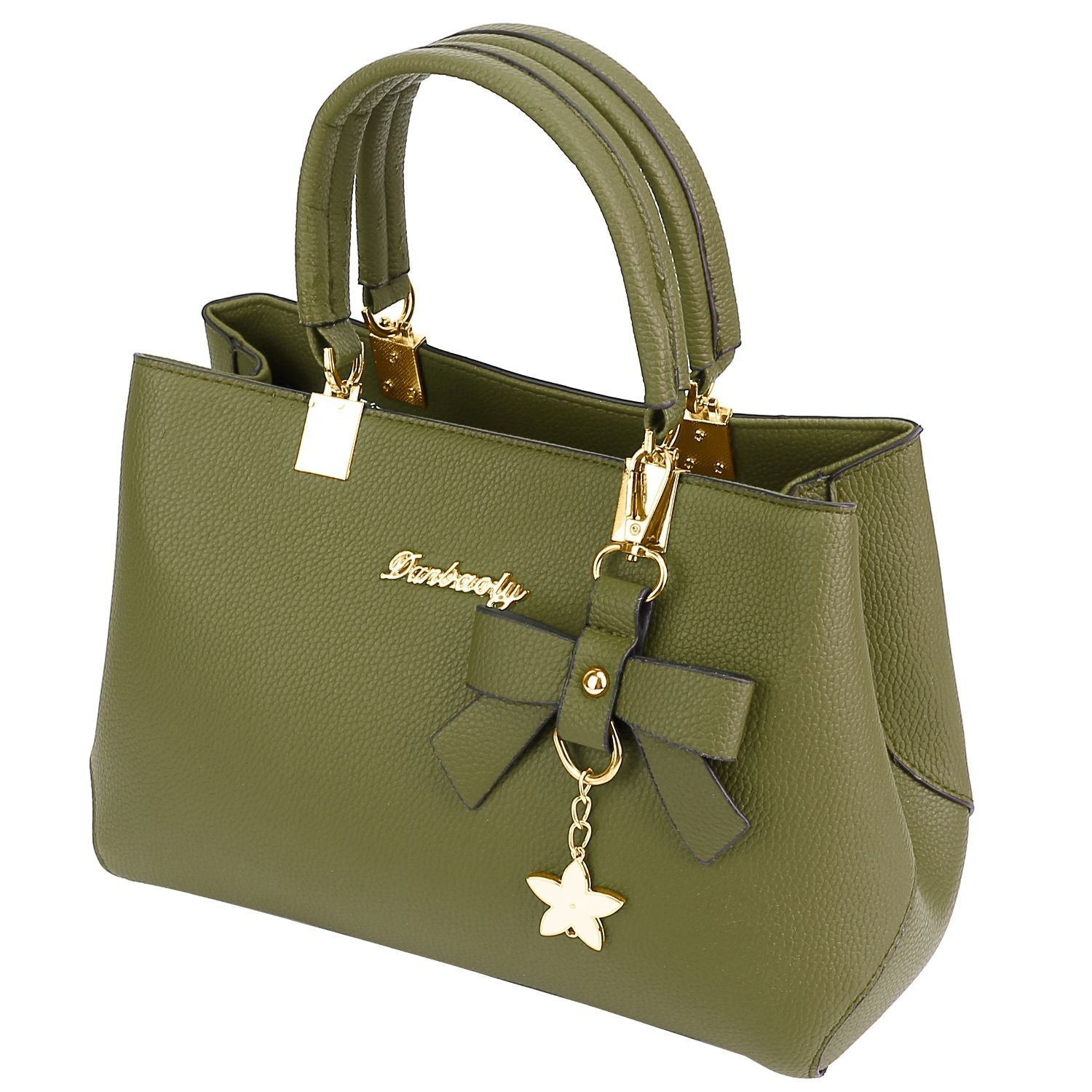 Stylish olive green handbag with gold hardware, featuring a decorative bow and star charm, perfect for everyday use.