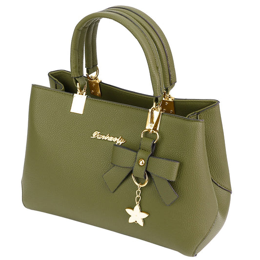 Stylish olive green handbag with gold hardware, featuring a decorative bow and star charm, perfect for everyday use.