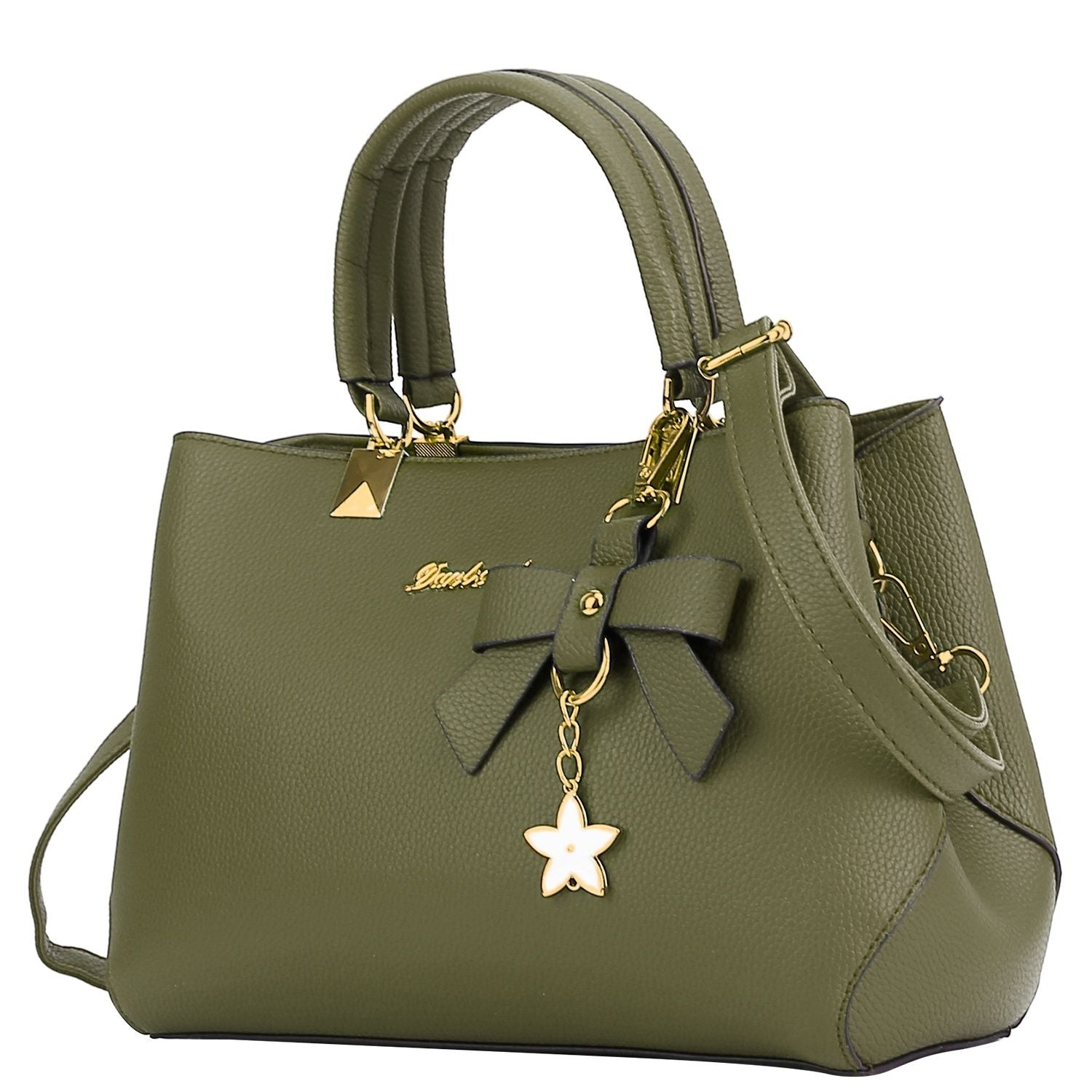Olive green handbag with a bow and gold accents, featuring a star-shaped charm.