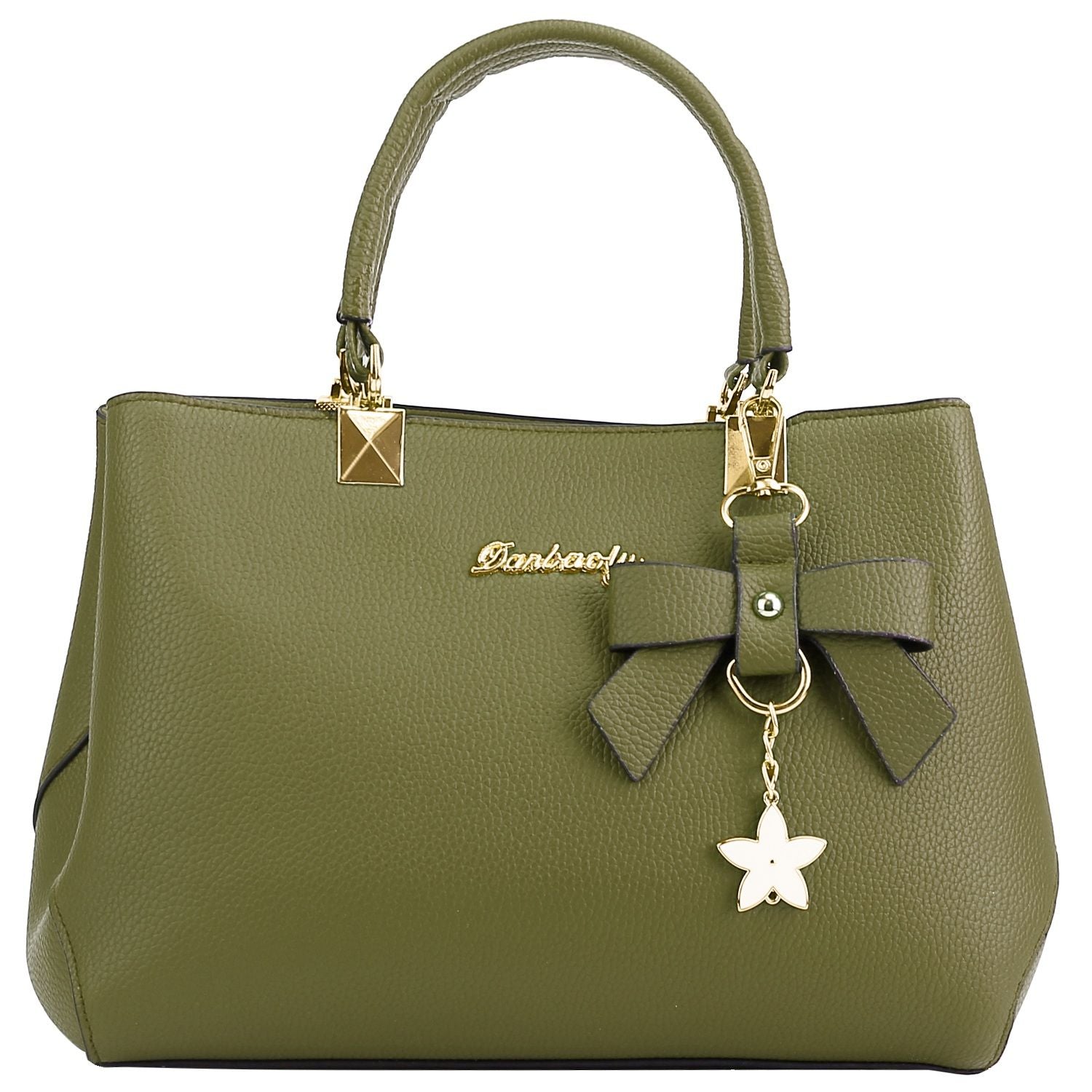 Stylish olive green handbag with gold accents, featuring a decorative bow and star charm, perfect for everyday use.