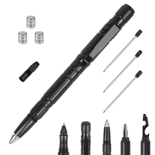 Multi-functional black tactical pen with various interchangeable tips and accessories, designed for writing, self-defense, and tools, featuring a sleek, compact design ideal for everyday carry.