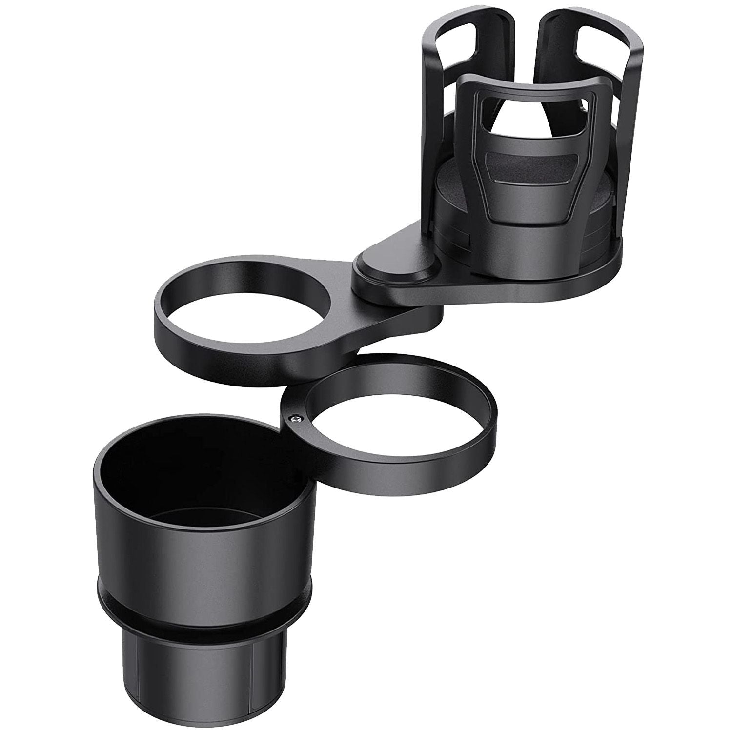 Car cup holder organizer with dual cup slots and a secure phone holder, designed for convenient drink storage in vehicles.