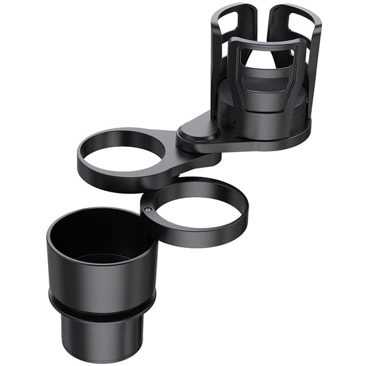 Car cup holder organizer with dual cup slots and a secure phone holder, designed for convenient drink storage in vehicles.