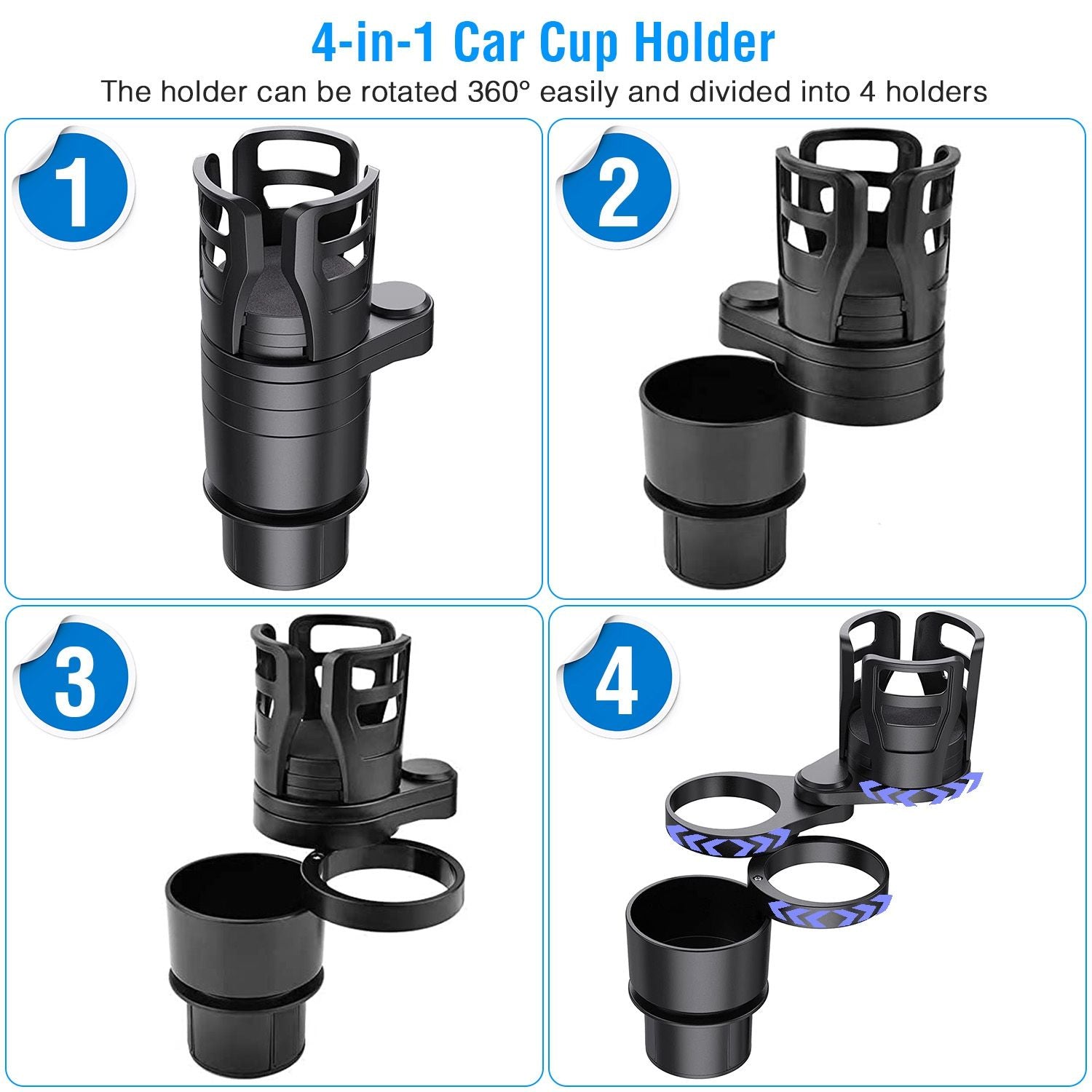 4-in-1 car cup holder with 360-degree rotation and options to divide into four separate holders for versatile drink storage in vehicles.