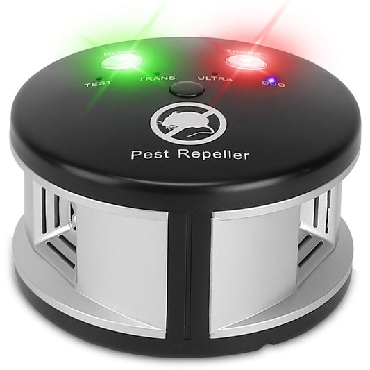 Ultrasonic pest repeller device with LED indicator lights, designed to deter rodents and insects effectively.