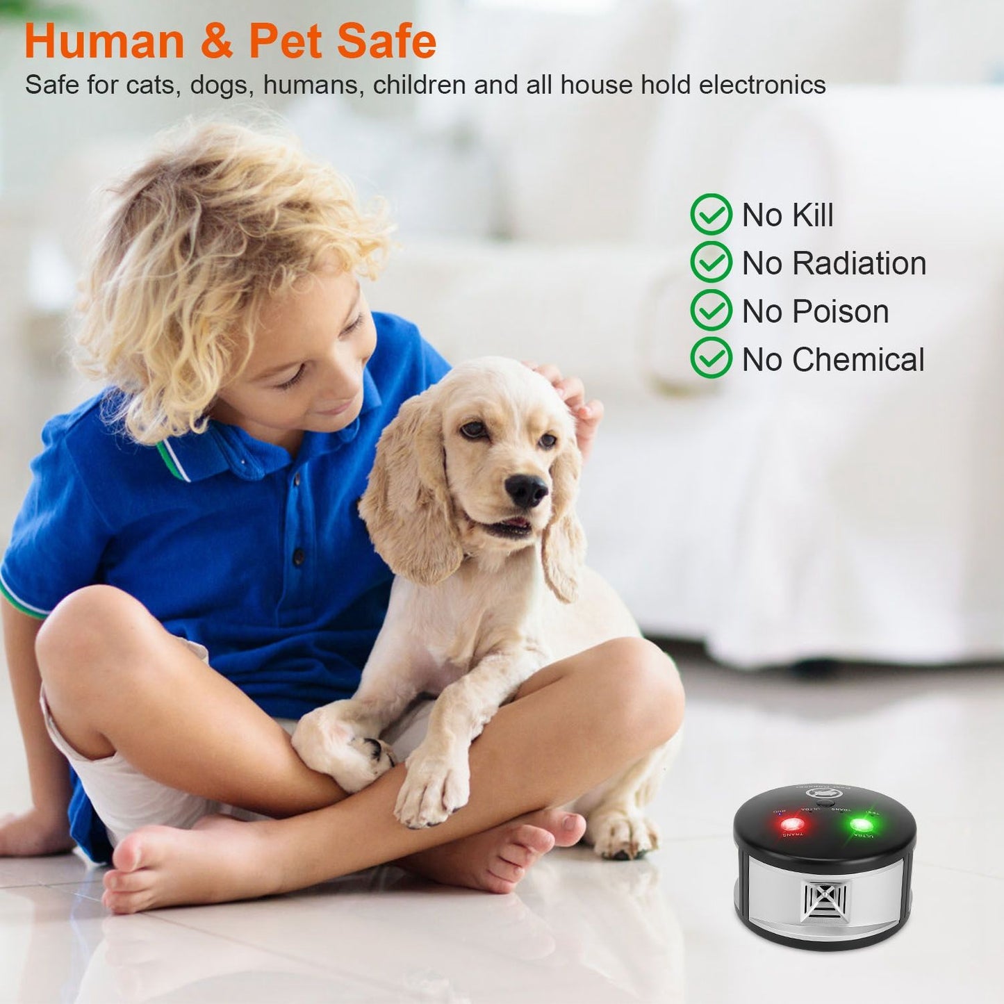 Child playing with a small puppy on a shiny floor, showcasing a pest control device that is safe for humans and pets, emphasizing features like no radiation, no chemicals, and eco-friendliness.