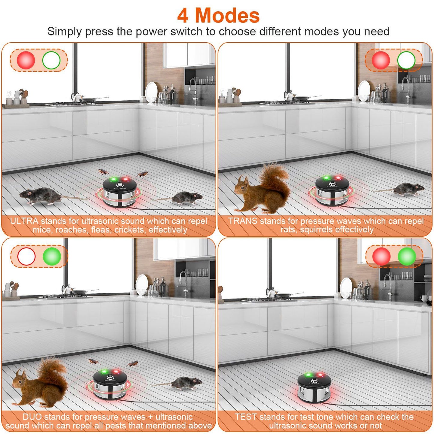 Ultrasonic pest repeller with four modes displayed in a kitchen setting, showcasing options to repel mice, rats, and other pests effectively.