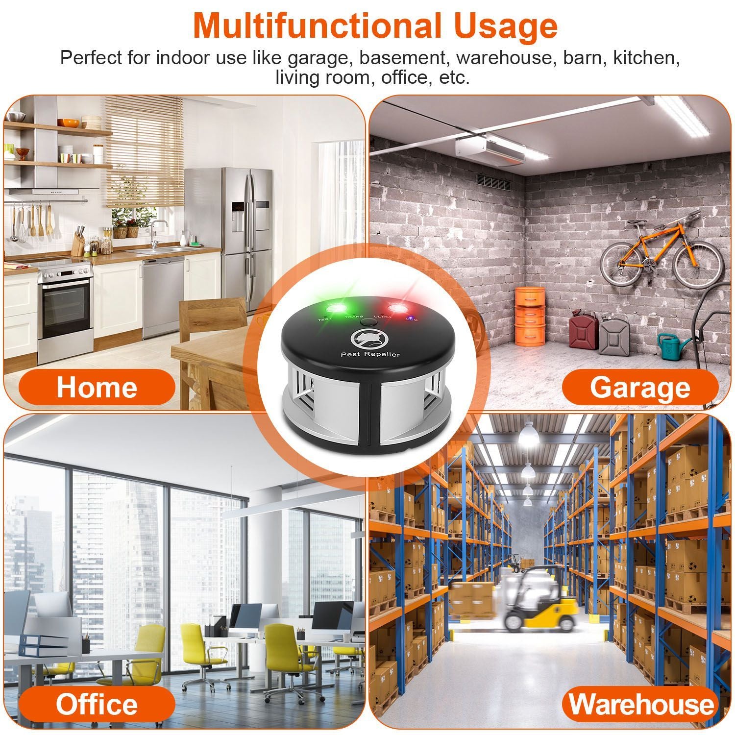 Multifunctional pest repeller shown in a split image featuring a kitchen, garage, office, and warehouse, highlighting its versatility for indoor use in various environments.