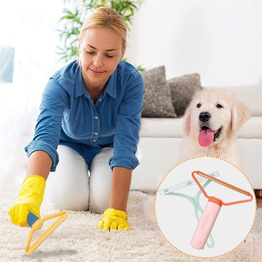 A woman wearing yellow gloves cleans pet hair from a carpet using a multi-functional lint remover, with a golden retriever dog sitting nearby, showcasing the effectiveness of the cleaning tool for pet owners.