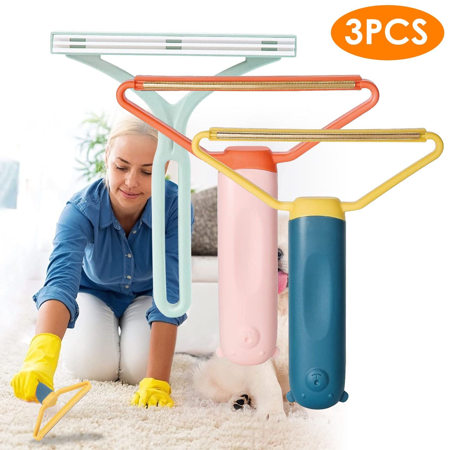 Pet hair removal tool set featuring three colorful lint rollers, including a blue, pink, and yellow design, with a woman wearing gloves cleaning a carpet beside a pet dog.