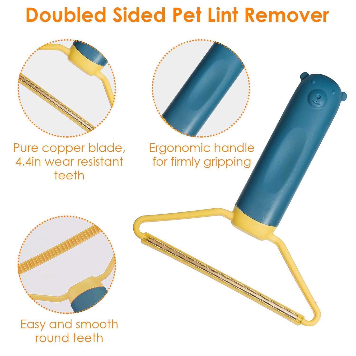 Double-sided pet lint remover featuring a pure copper blade, ergonomic handle for comfortable gripping, and smooth round teeth for effective fur and lint removal.