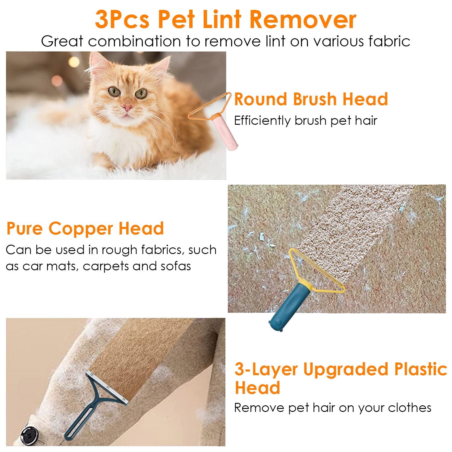 3-piece pet lint remover set featuring a round brush head for efficient hair removal, a pure copper head for rough fabric like car mats and carpets, and a three-layer upgraded plastic head for cleaning clothes, with a fluffy orange cat as the background.
