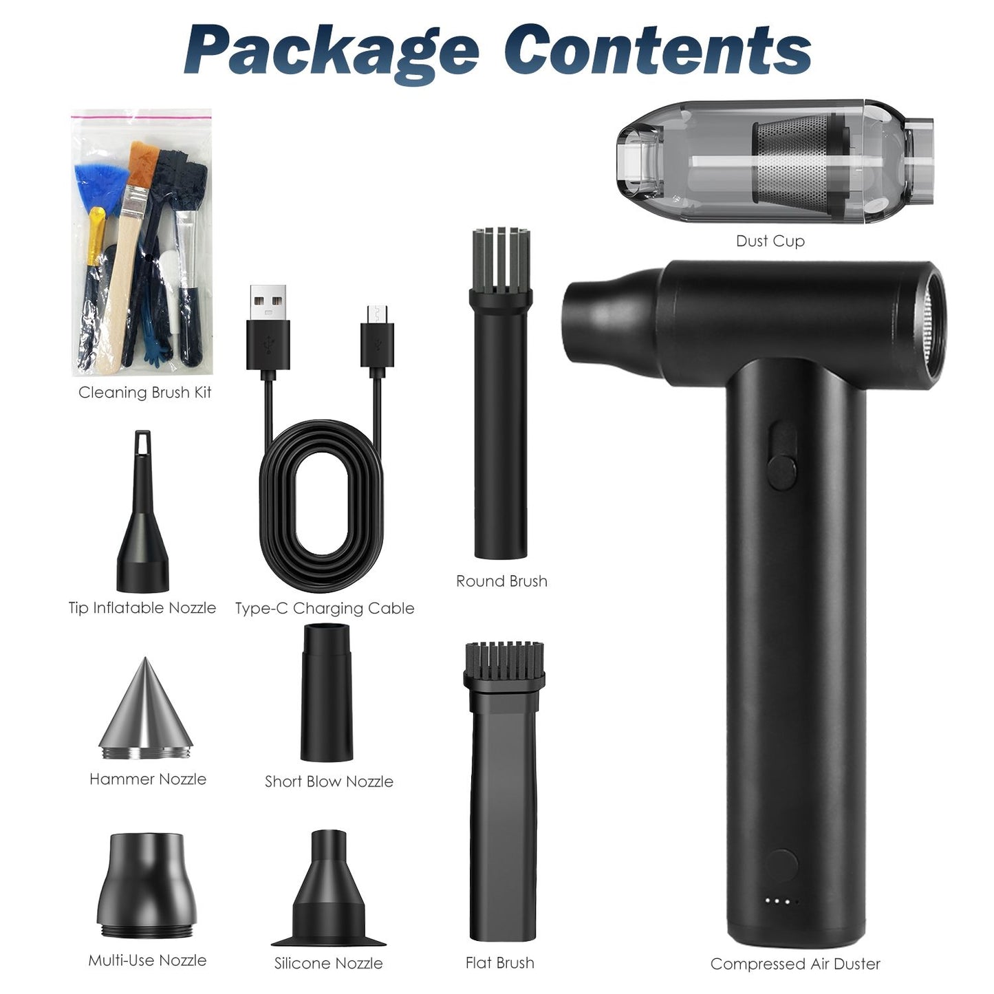 Compressed air duster kit with accessories including multiple nozzles, a cleaning brush set, and a Type-C charging cable, perfect for effective cleaning and dusting.