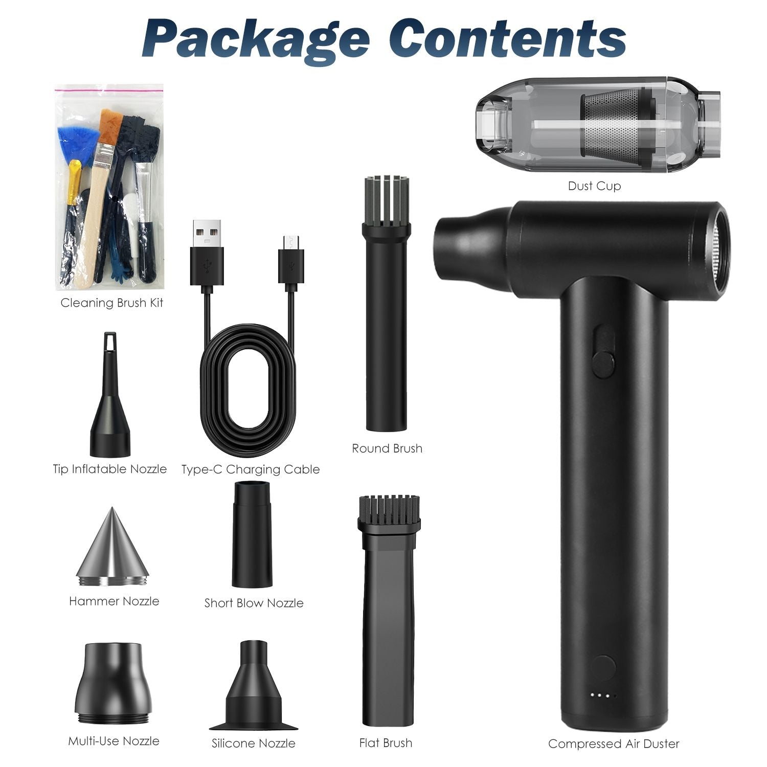 Compressed air duster kit with accessories including multiple nozzles, a cleaning brush set, and a Type-C charging cable, perfect for effective cleaning and dusting.