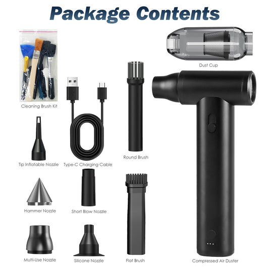 Compressed air duster kit with accessories including multiple nozzles, a cleaning brush set, and a Type-C charging cable, perfect for effective cleaning and dusting.