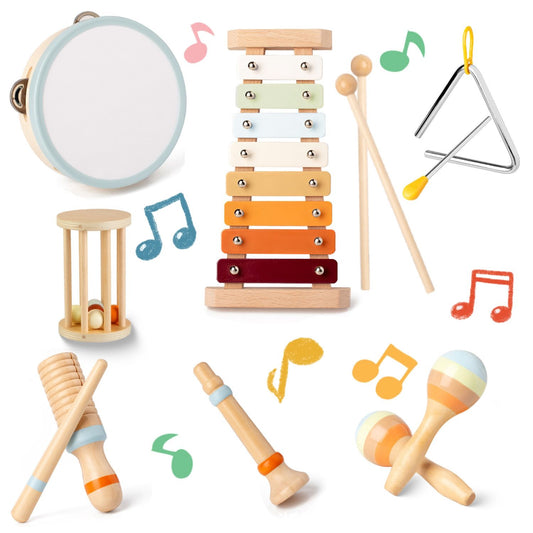 Colorful wooden musical instruments including a xylophone, tambourine, maracas, and a triangle, ideal for children's music play and development.